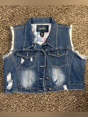 Rue21 Distressed Dark Blue Denim Vest with Flag Lining